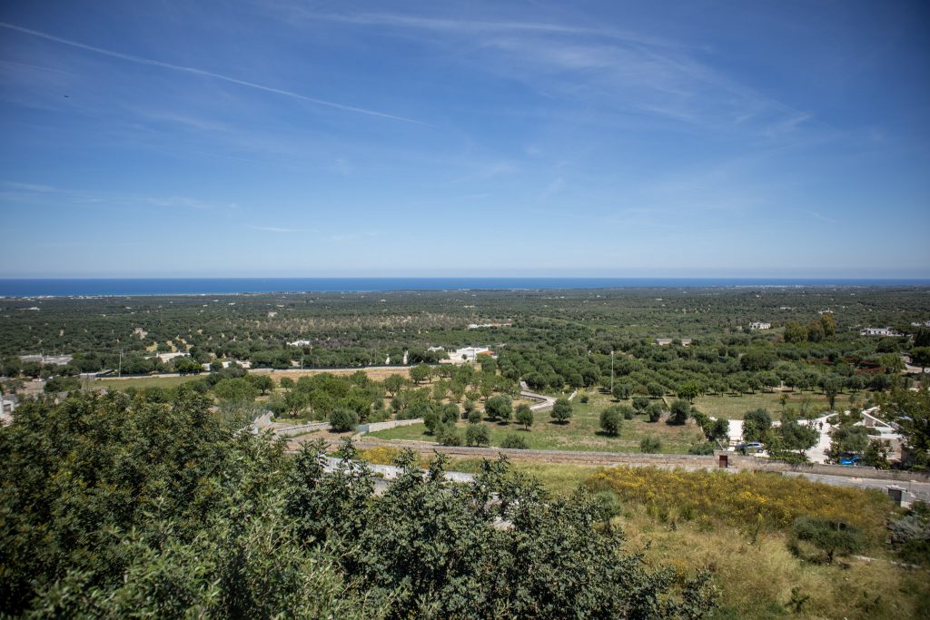 sur la vallée d’Itria et la mer depuis le belvédère de la ville d'Ostuni dans les Pouilles