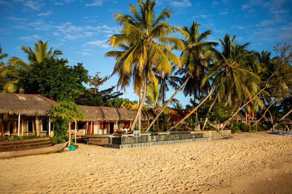 plage et piscine bordés de palmiers des Villas de Vohilava